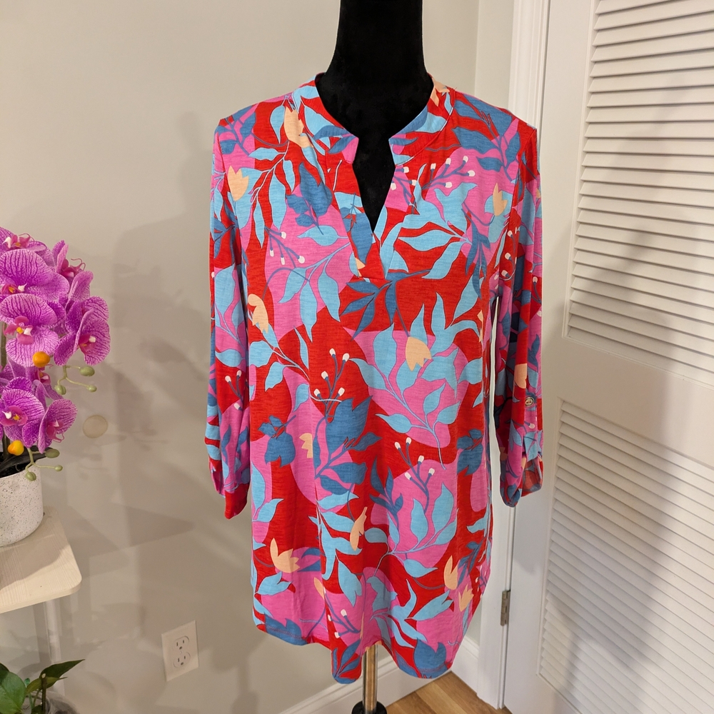 Floral Red and Blue Women's Blouse Size M Good For L
